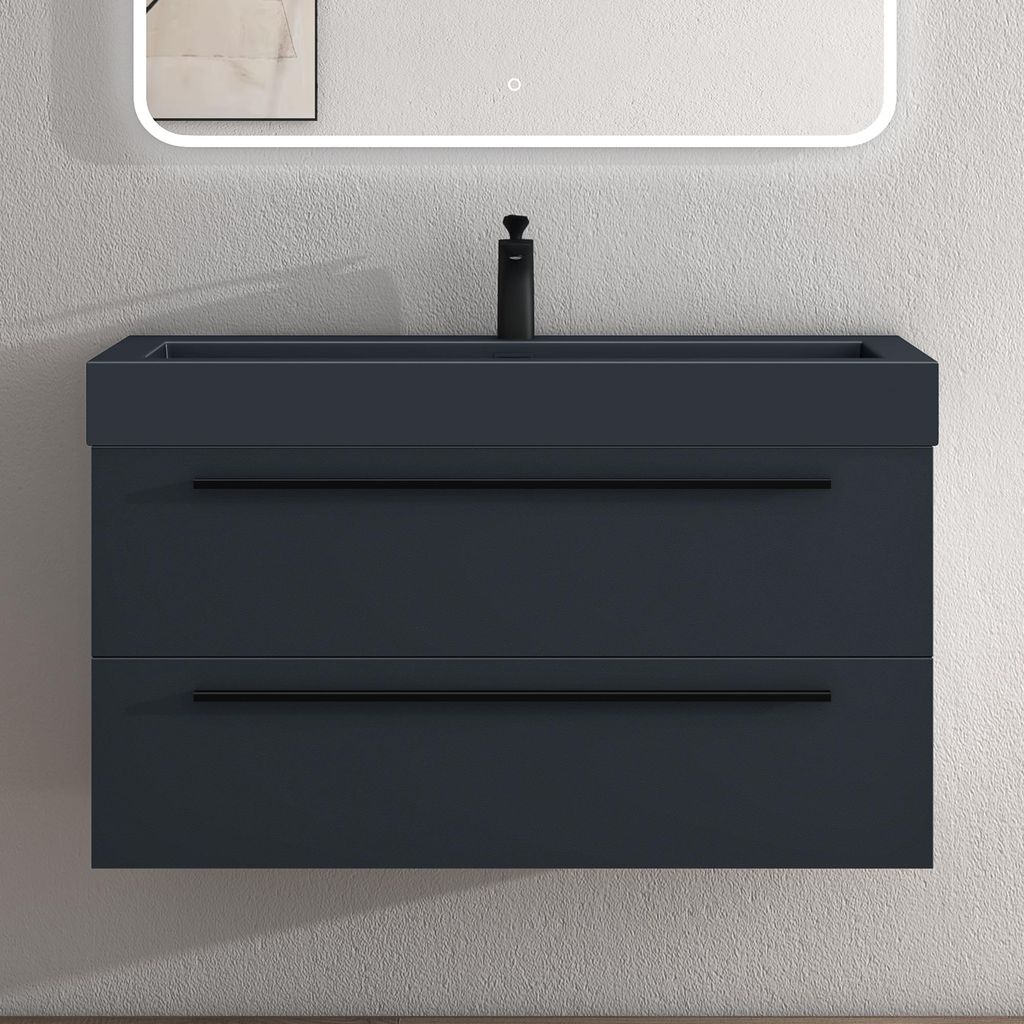 doporro Badmöbel-Set Waschbeckenunterschrank mit Soft-Close in Matt Anthrazit 100x48x60cm Quadratto Waschplatz komplett Set inkl. Mineralguss-Wasc...