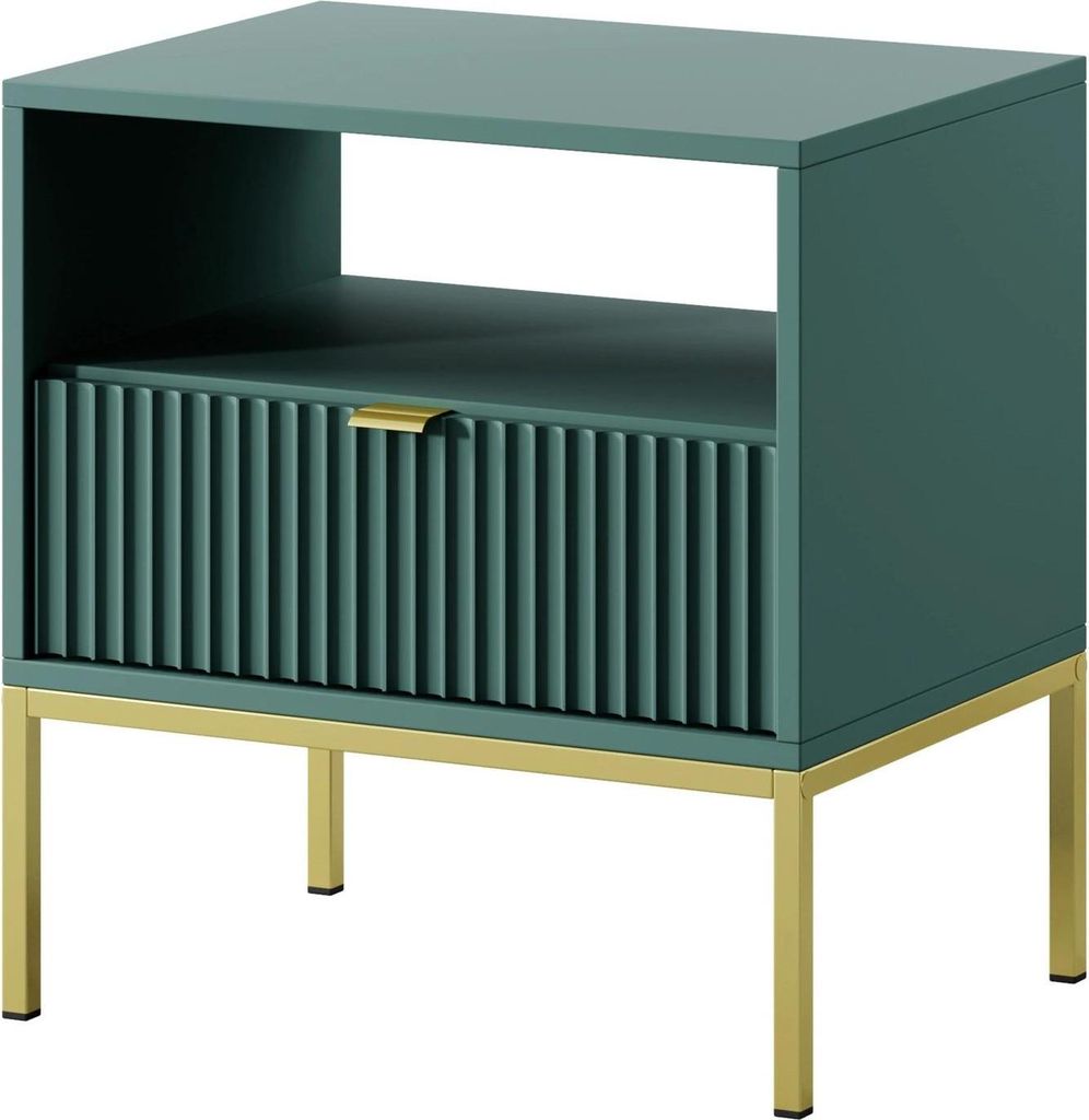 Nachttisch Kioto 54 cm Grün & Gold – Rillenfront, Goldener Griff, 1 Schublade, Luxus