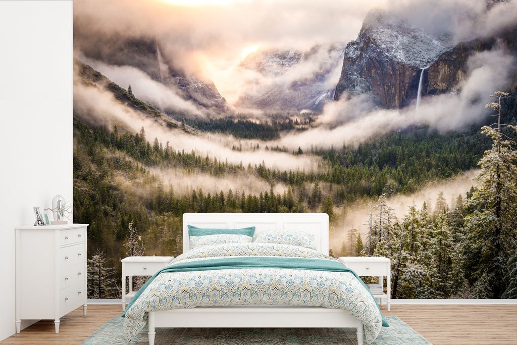 MuchoWow Fototapete für Wohnzimmer oder Schlafzimmer Wandtapete Vinyl Motivtapete Der Nebel und der Schnee im Yosemite-Nationalpark - 450x300 cm...