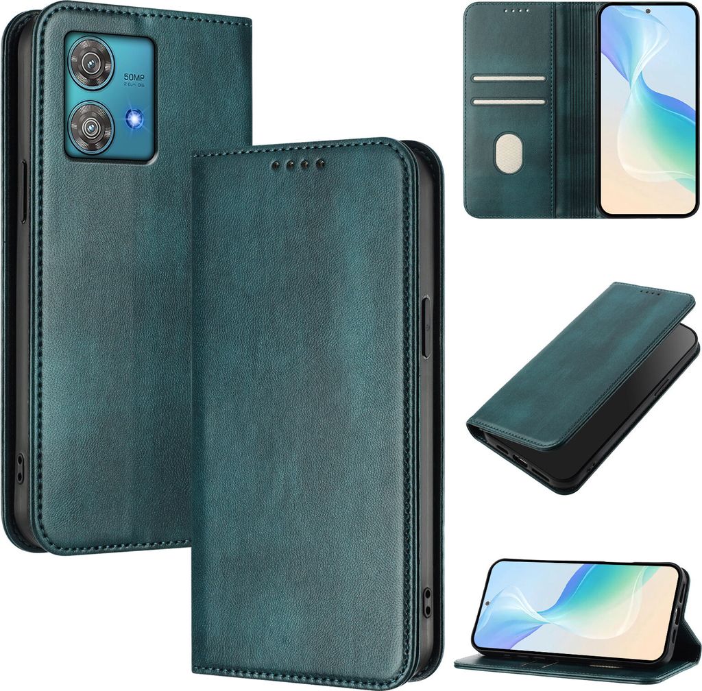Handyhülle für Motorola Edge 40 Neo, Vintage Leder RFID Schutz Kartenfach Standfunktion Magnetische Klapphülle Grün