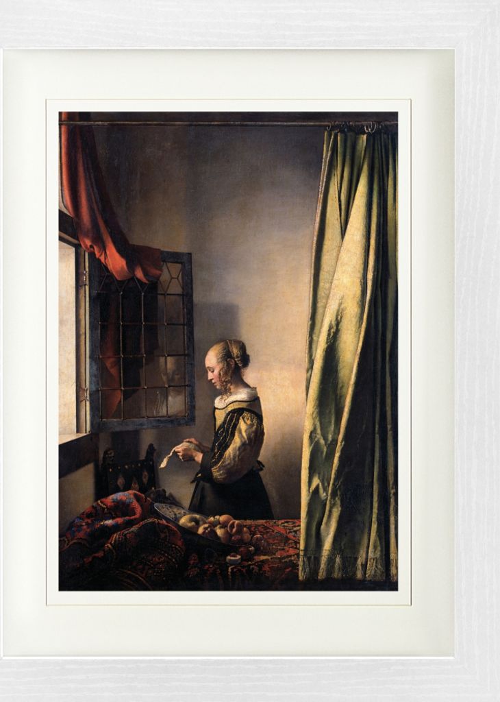Johannes Vermeer Gerahmtes Bild Mit Edlem Passepartout | Wand-Bilder | Im Bilderrahmen - Brieflesendes Mädchen Am Offenen Fenster, 1657-1659 (40 x...