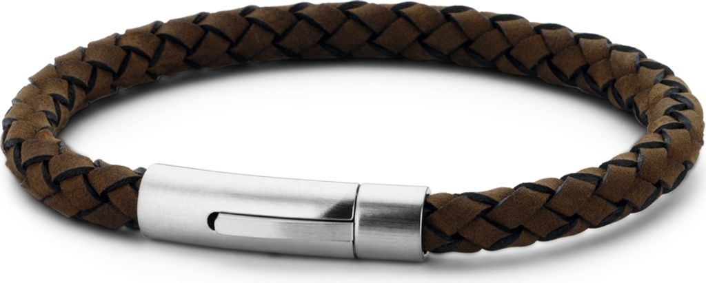 Frank 1967 7FB-0221 Stalen Heren Armband met Leer - Gevlochten - Lengte 21 cm - Bruin