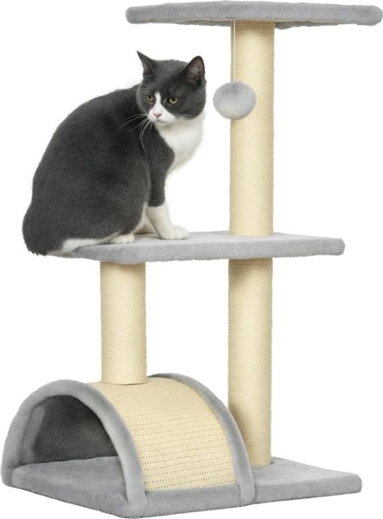 Kratzbaum 72 cm Katzenturm mit Plüschballen, Sisalstämme, Plattform, Kratzbrett Hellgrau