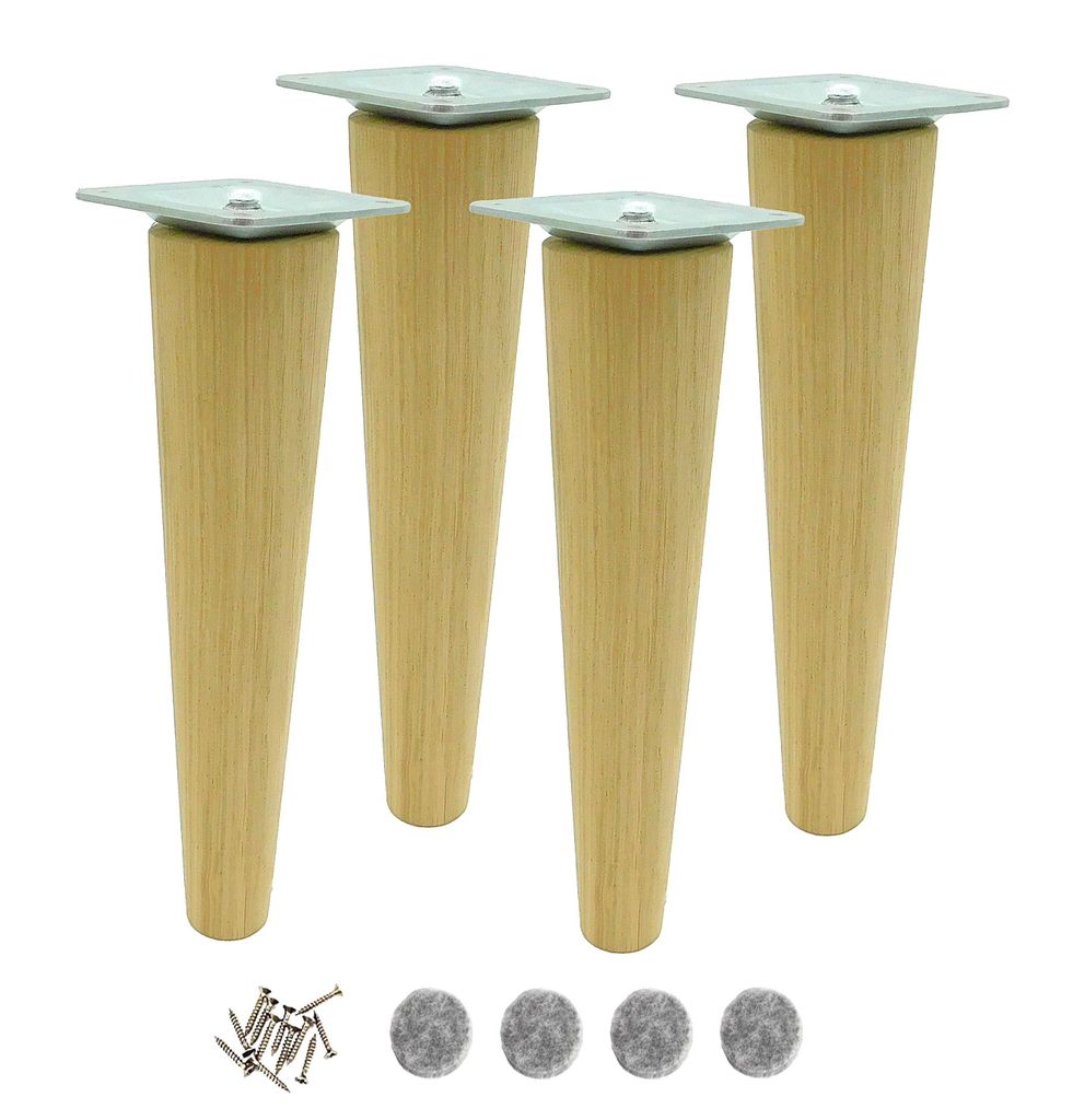 4x Möbelfuß aus Eiche – konisch, roh, 25 cm – mit M8-Schraube & Montageplatte