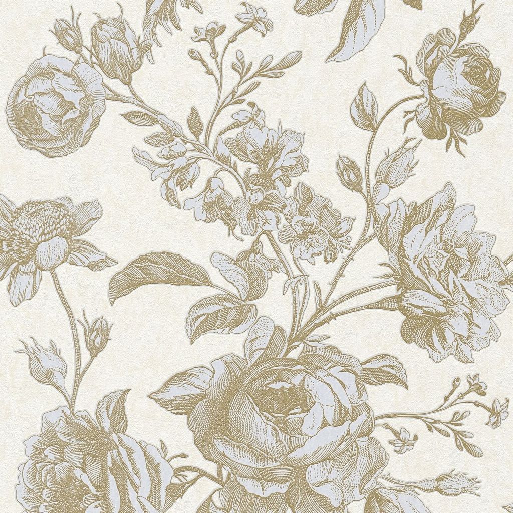 Profhome 387003-GU Blumen Tapete Toile De Jouy creme hell-elfenbein gold 5,33 m2