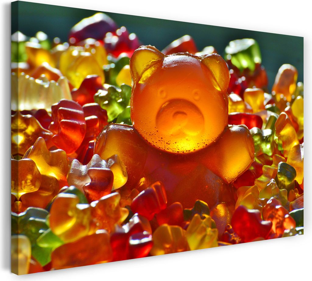 Leinwandbild (60x40cm): Wandbild großer Gummibär mit vielen kleinen Gummibären, echter Holz-Keilrahmen inkl. Aufhänger, handgefertigt in Deutsc...