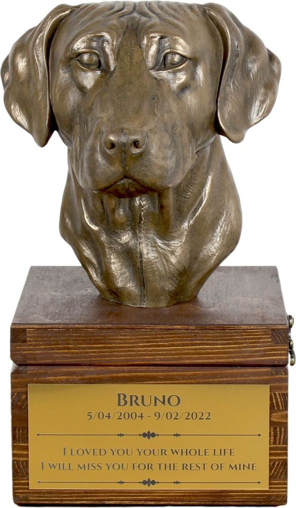 Rhodesian Ridgeback - Eine Ascheurne für Hunde mit einer Statuette, eine kleine Urne für Hunde, eine personalisierte Urne mit dem Porträt eines ...