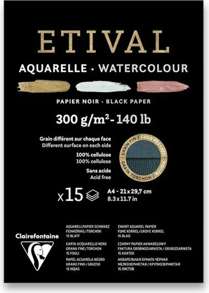 Tampone per acquerello Clairefontaine Etival Black Cold Pressed/Rough A4, 15 fogli, 300 g