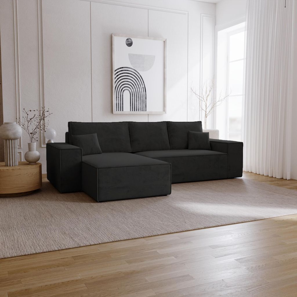 Ecksofa mit Schlaffunktion Bergamo L - Sofa 275 cm mit Bettkasten - Links, Ecksofa L-Form, Schlafsofa Schwarz (Amor Velvet 4322)