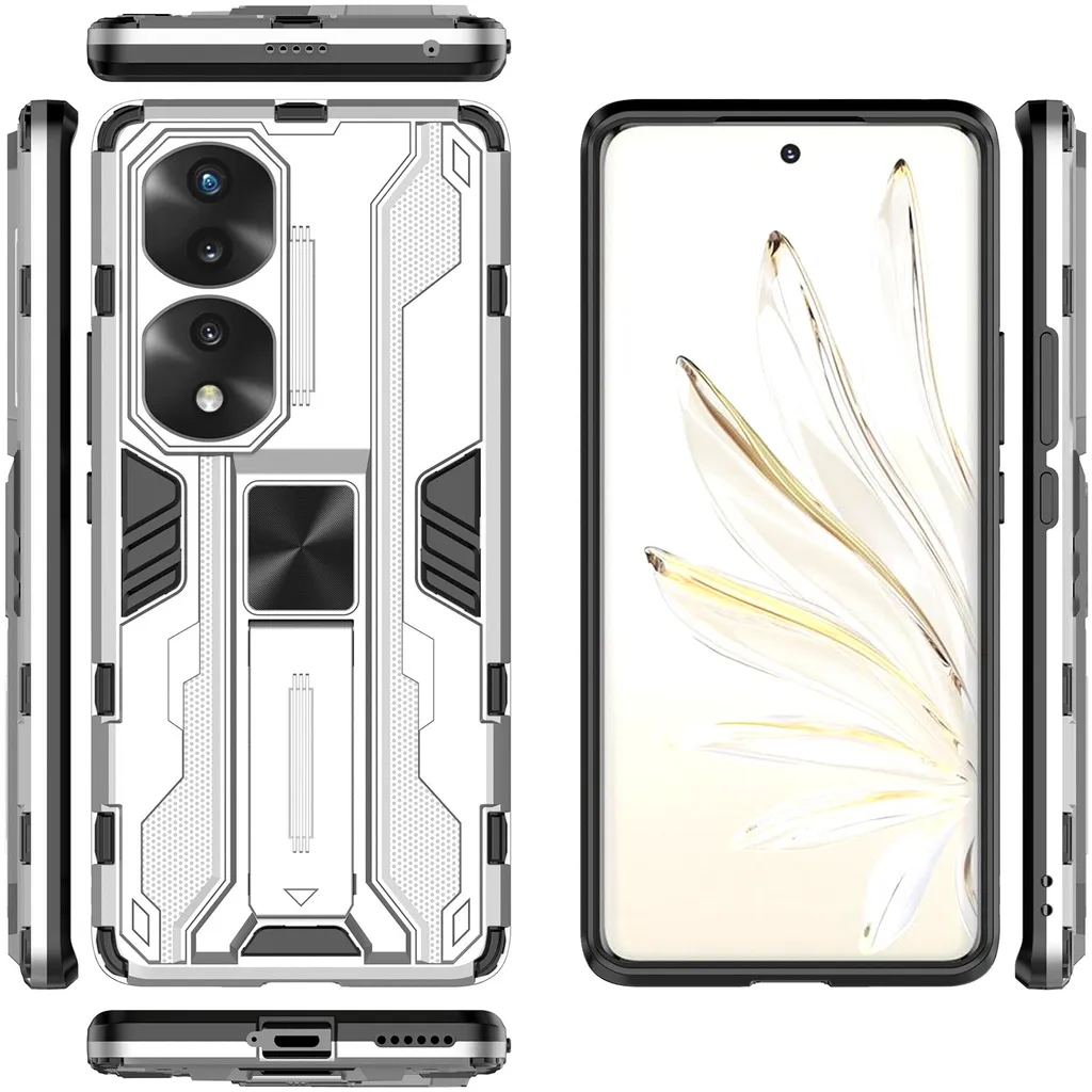 Custodia per Honor 70 Pro a doppio strato in PC e TPU con paraurti e supporto Argento - 2