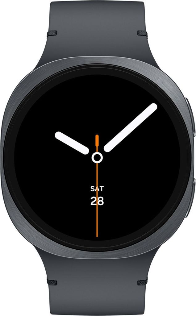 A close-up, front-facing view of a smartwatch with a black screen and gray casing.
