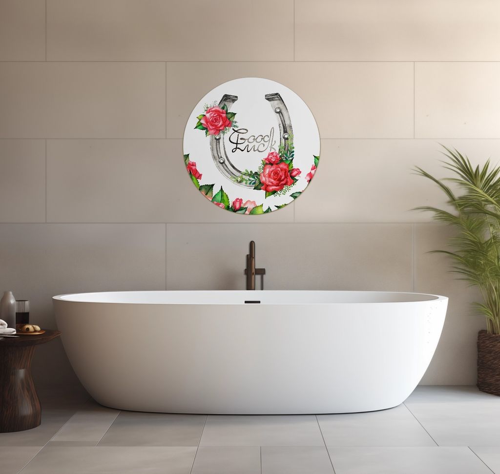 Wallario wasserfestes Poster selbstklebend 60 x 60 cm, Viel Glück Hufeisen mit roten Rosen, Badezimmerposter Spritzschutz mit Hochglanzoberfläch...