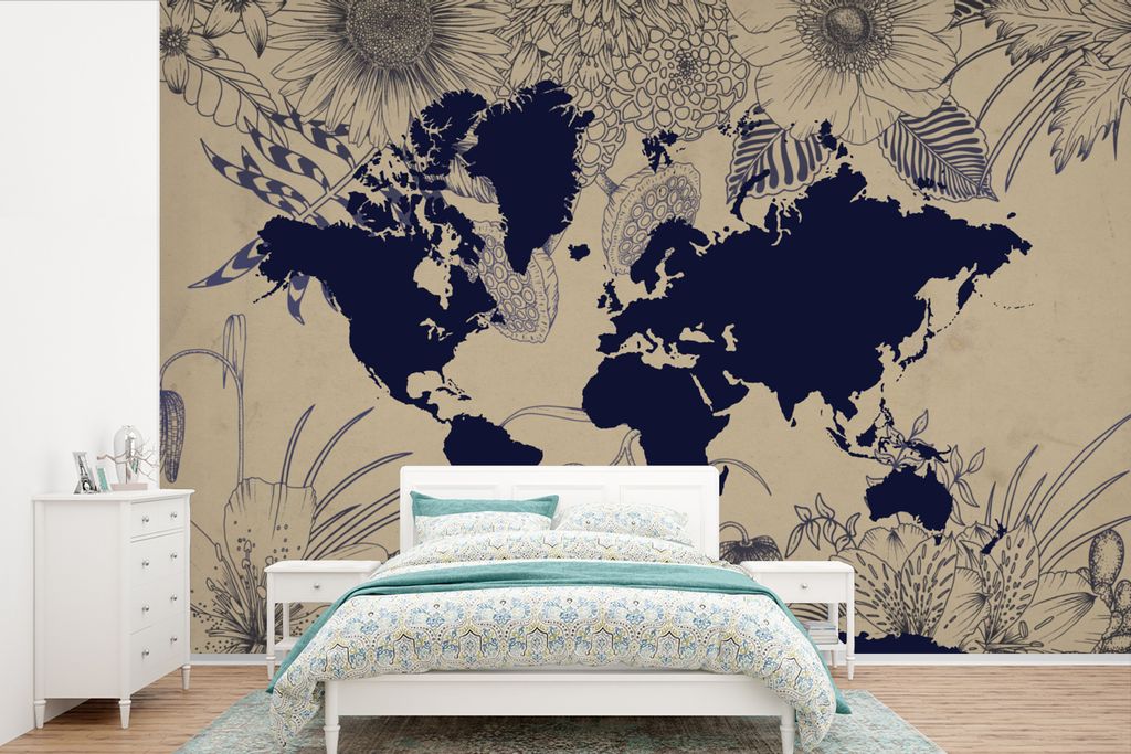MuchoWow Fototapete für Wohnzimmer oder Schlafzimmer Wandtapete Vinyl Motivtapete Weltkarte - Blumen - Blau - 450x300 cm - Gemusterte
