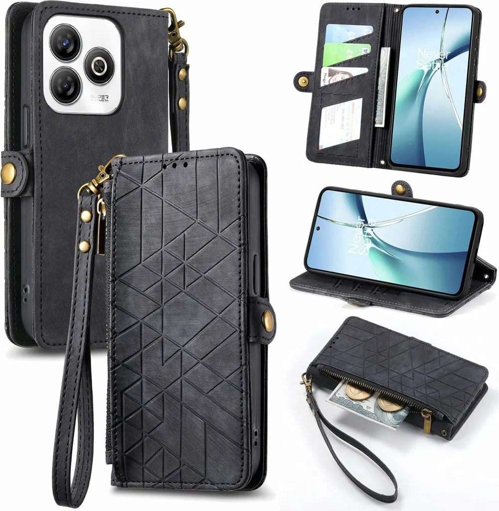 Cover ZTE Blade A75 4G Professionale: Pelle Nera Geometrica con Zip e Slot