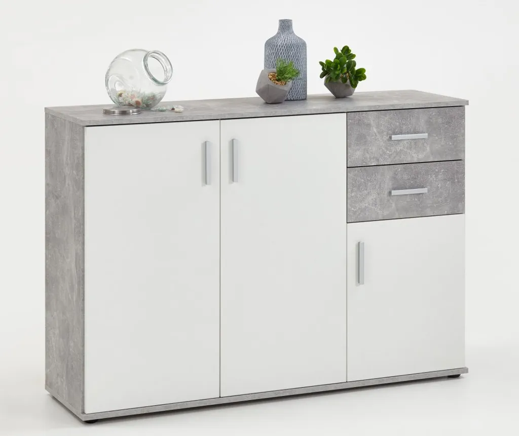 Commode ALBI 2 Design Béton avec 3 Portes et 2 Tiroirs Rangement Chic