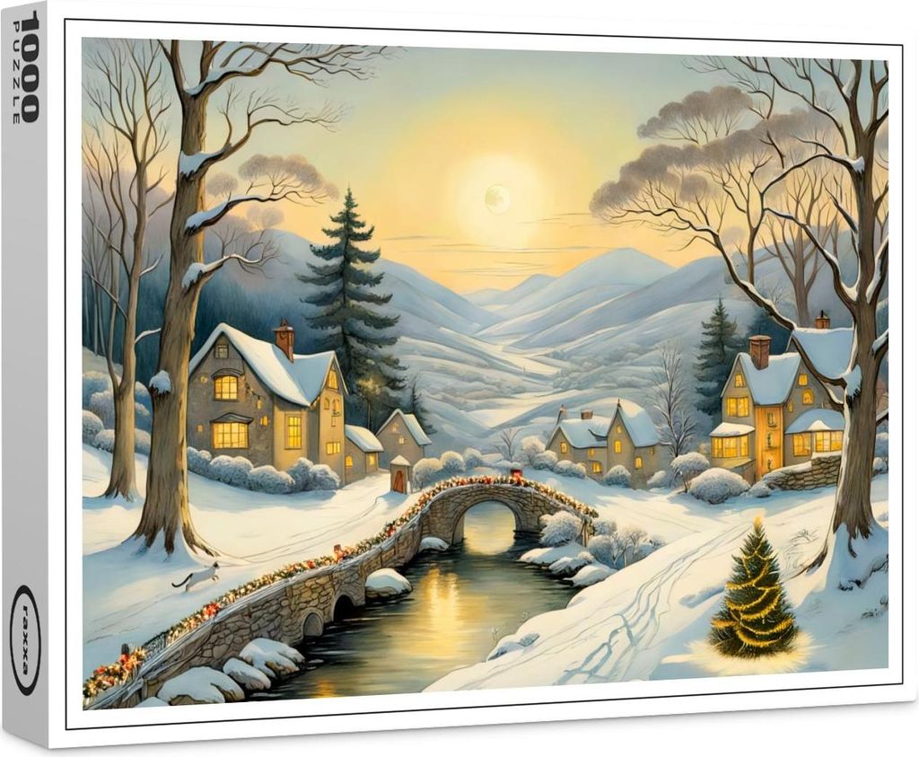 raxxa Premium-Puzzle "Idyllic Christmas Village with River and Bridge", 1000 Teile