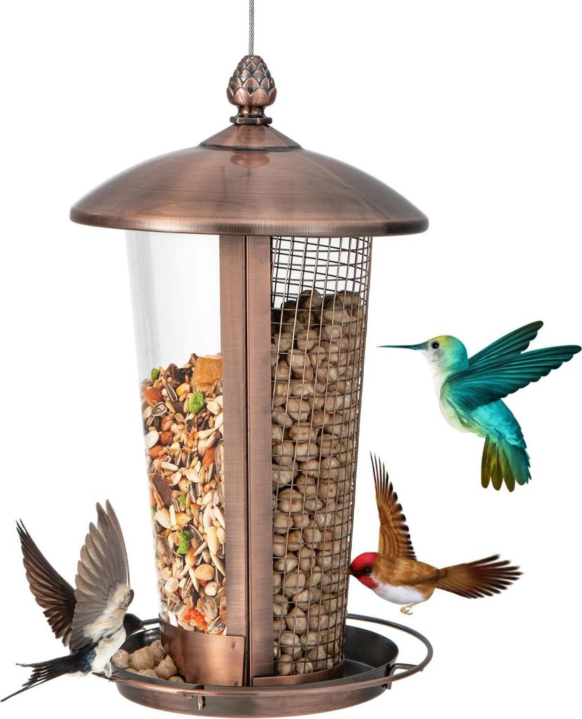 Vogelfutterhaus - Hängender Vogelfutterspender mit 2 Röhren - Edelstahl - Für verschiedene Saaten - Für Wildvögel - Gold