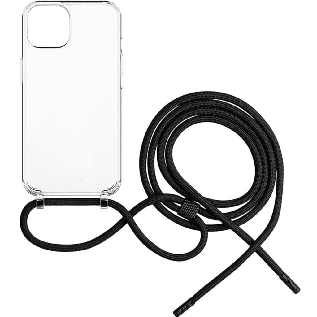Schutzhülle Fixed Pure Neck für iPhone 13, Transparent mit Schwarz Schlüsselband