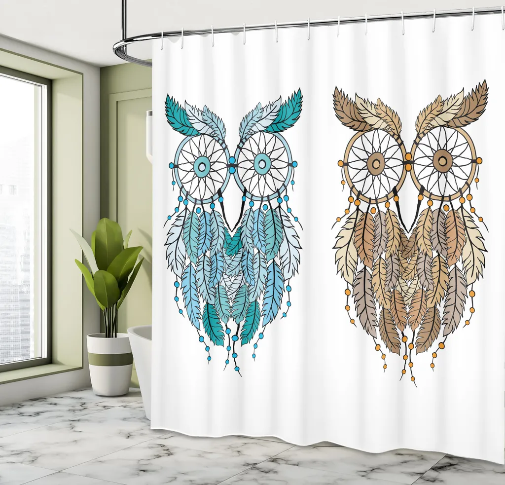 ABAKUHAUS Tenda da doccia con gufi, Dreamcatcher-Art-Gufi-Tribù-Caratteristiche etniche-Uccello magico e lungimirante-Stampa artistica, Tessuto Set decorativo per bagno con ganci, 175x220 cm, Bianco crema Teal - 3