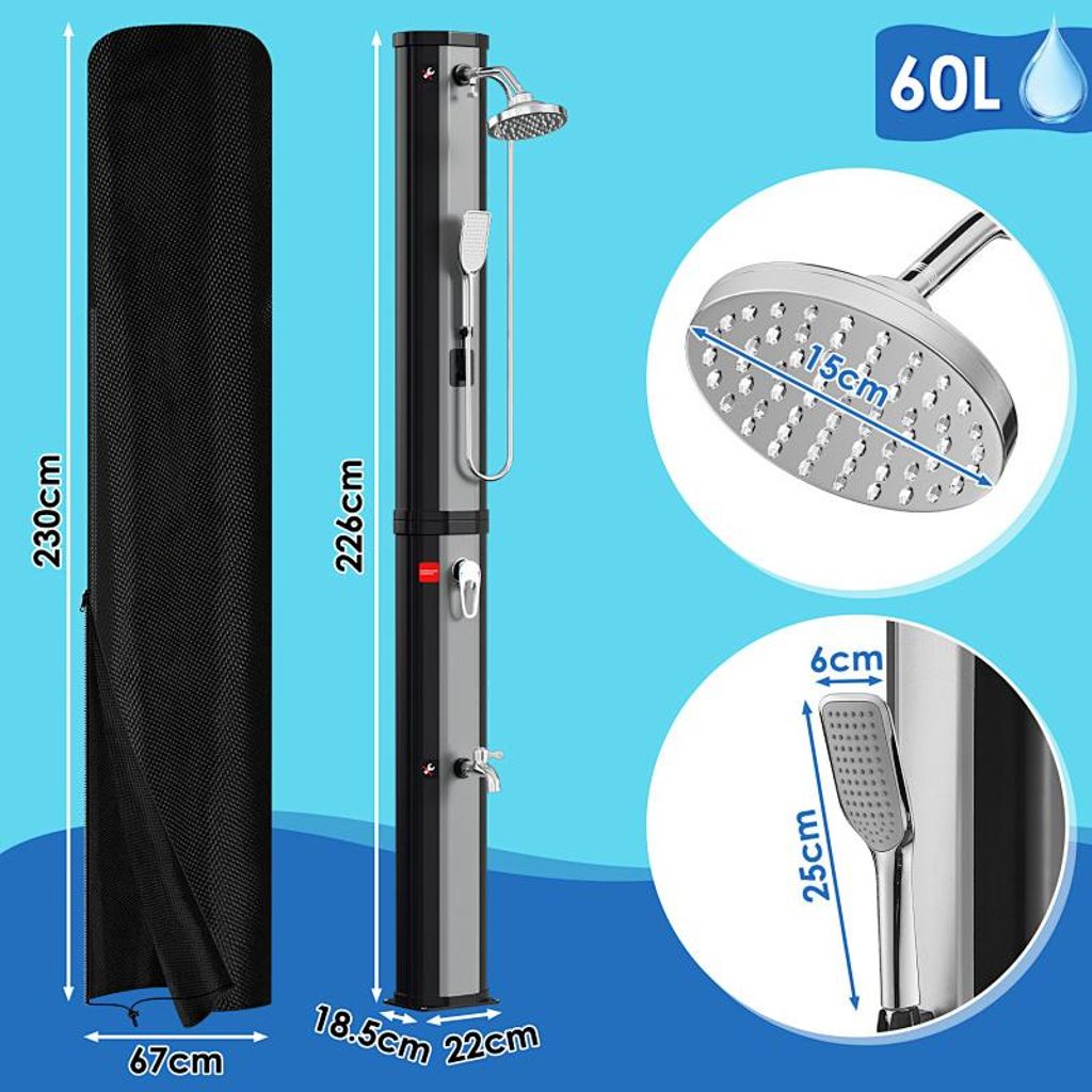 Izrielar Solardusche Außendusche Outdoordusche 60L Silber mit Schutzabdeckung und Handbrause für Pool Camping
