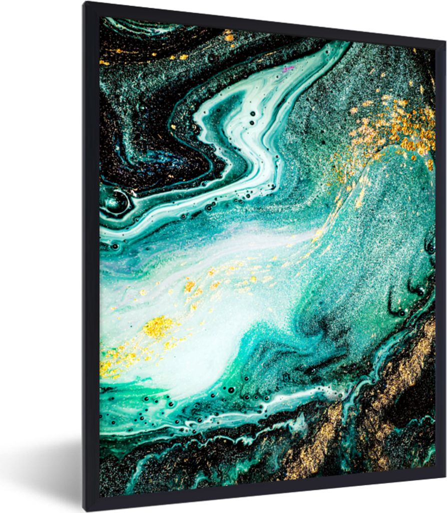 MuchoWow Gerahmtes Poster Marmoroptik - Blau - Gold - Glitzer - Luxus - Marmor 30x40 cm - Poster mit Schwarzem Bilderrahmen Wandposter Rahmen Fot...