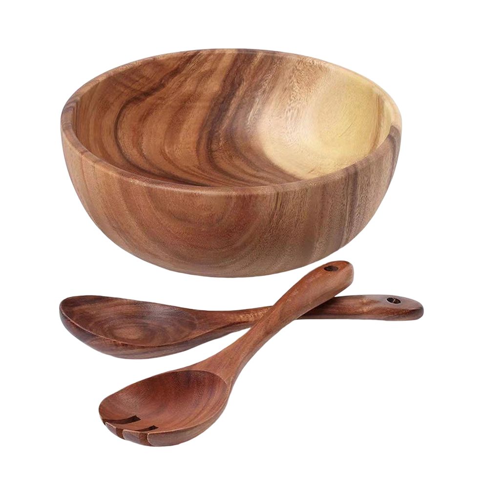 3-teiliges Salatschüssel-Set, gratfrei, leicht zu reinigen, Nudelbehälter aus Holz mit Löffel, Gabel, Besteck, für den täglichen Gebrauch