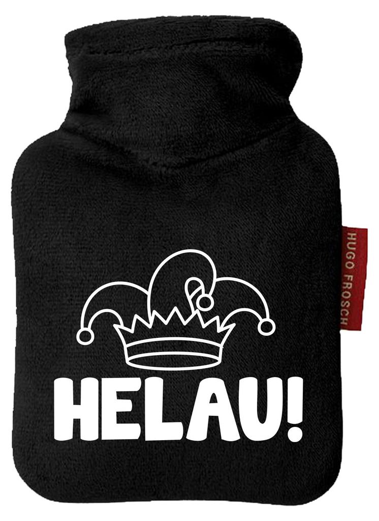 Huuraa Mini-Wärmflasche Helau Narrenkappe 0,2 Liter Black Mini Veloursbezug Taschenwärmer Geschenkidee