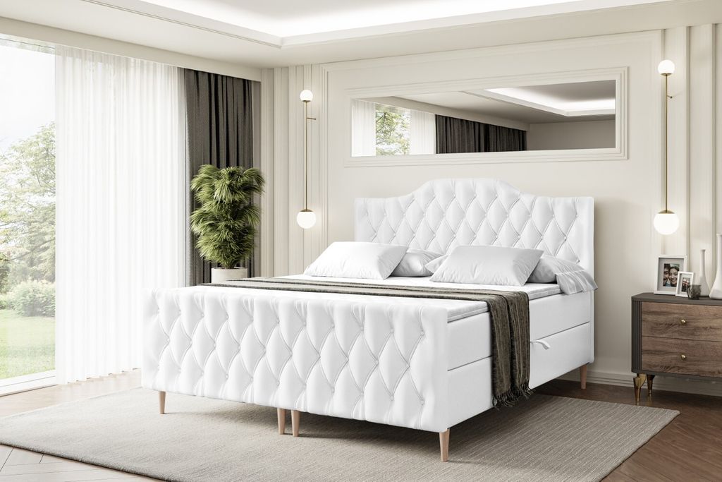 ALTDECOR Boxspringbett mit Holz Füßen, Matratze und Lattenrost, Topper, Fußteil, Polsterbett mit Bettkasten, Bett mit Stauraum H3-Matratze, Dopp...