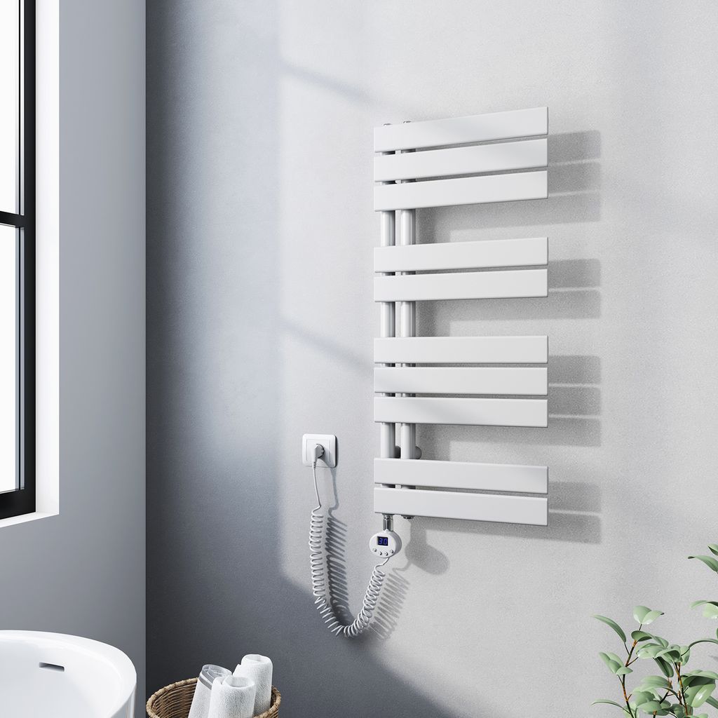 Meykoers Heizkörper Elektrisch für Badezimmer, Handtuchwärmer Weiß 90x40cm Flachheizkörper mit 400W Zeitgesteuerter Thermostat Seitenanschluss...