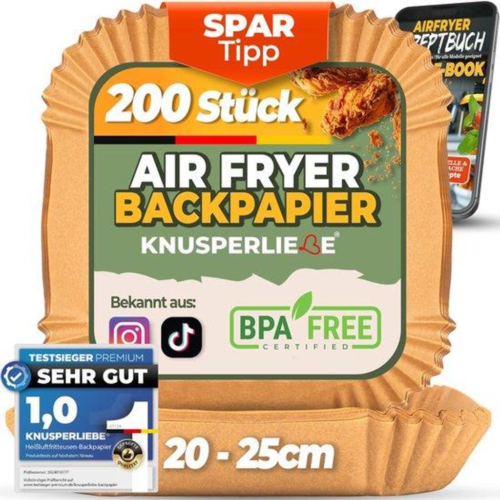 XXL-Haartrocknungsfolie für große Luftfritteuse, 20-25cm, 5-7,5 L, 200 Stück, wiederverwendbar, fettbeständig, antiaanbak, Einwegfolie