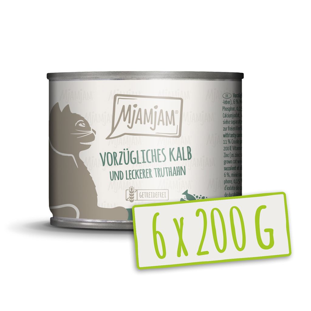 MjAMjAM - 6x200g dosen Kalb & Truthahn an Möhren Nassfutter für Katzen Hauptfutter natur