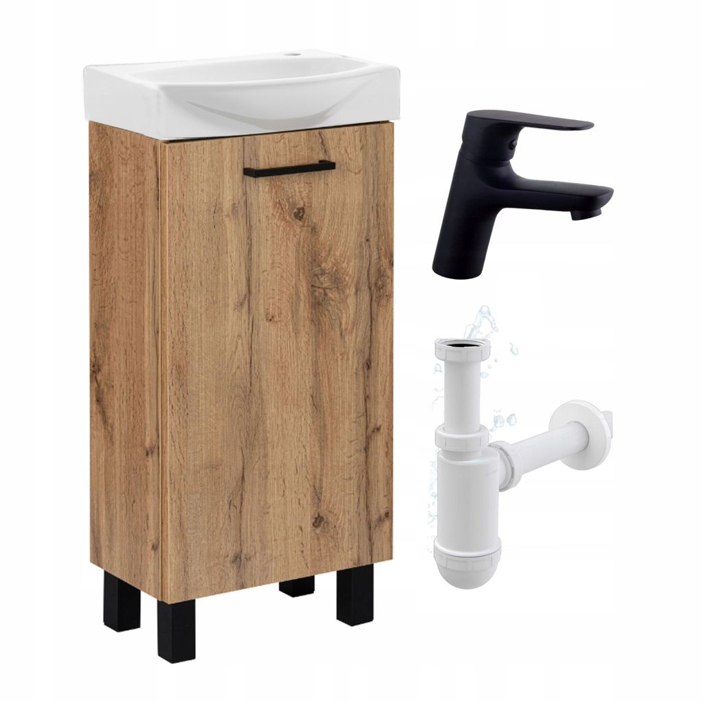 Stamar | Badmöbel Set, mit Waschbecken, 40 cm, Eiche Craft, mit schwarze Armatur und Siphon