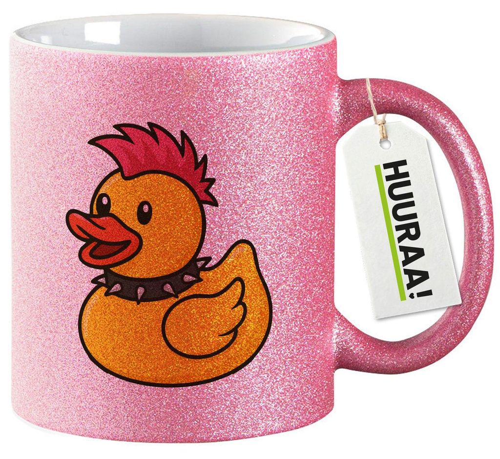 Huuraa Glitzertasse Quietscheente Punk Gummiente Punker 330ml Pink Keramik Kaffeebecher Geschenkidee