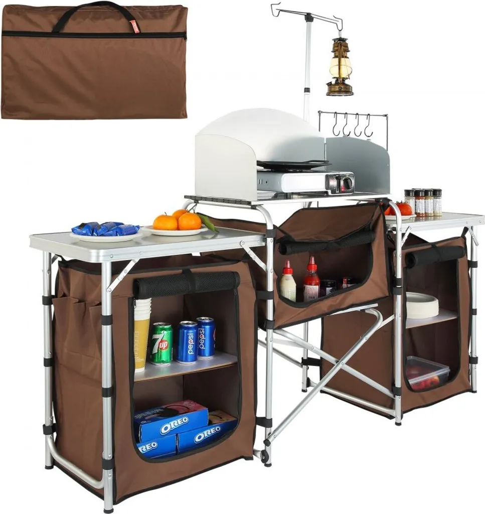 Cuisine Camping Aluminium Pliable avec Crochets et Armoire de Rangement