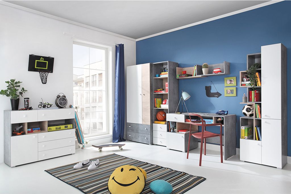 Jugendzimmer Set 6-teilig SEATTLE-133 mit Schreibtisch in Beton weiß Eiche