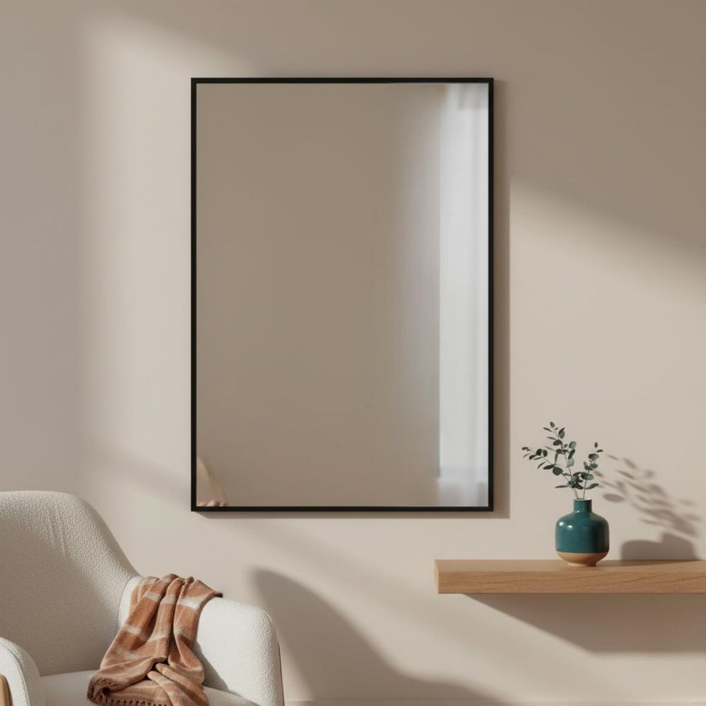A mirror hanging on a wall above a shelf with a vase and a chair with a blanket.