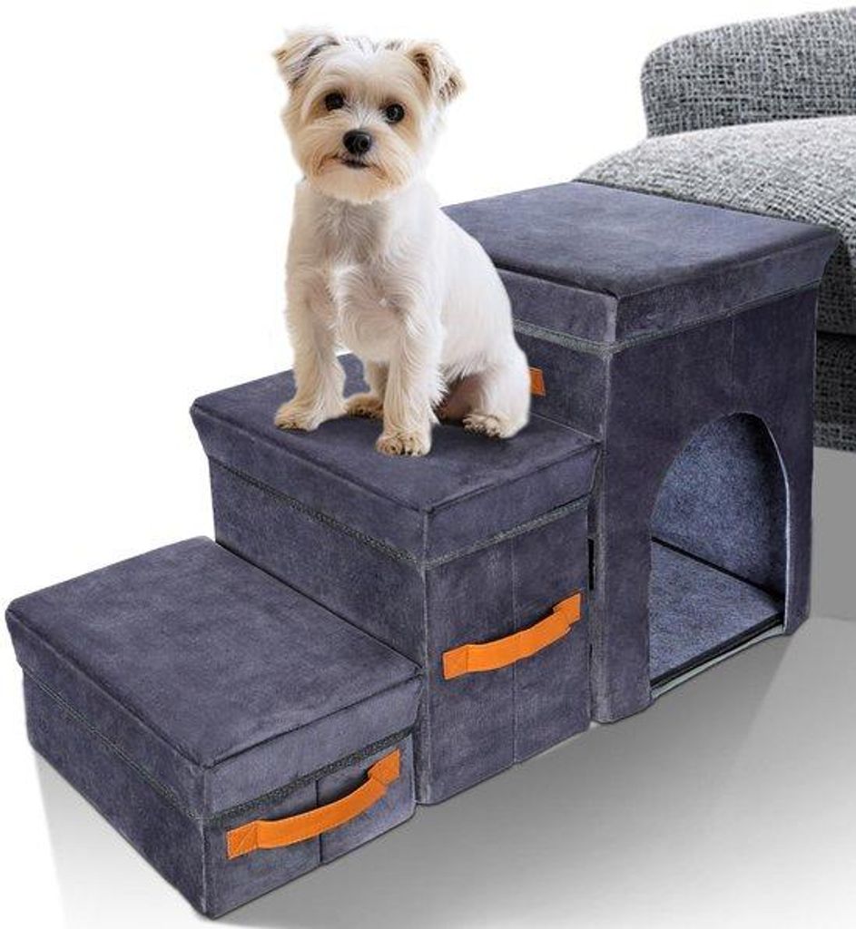 Kleiner Hundetreppe 3 Stufen mit Aufbewahrungsbox, hochwertig, waschbar, rutschfest, für Bett, Sofa