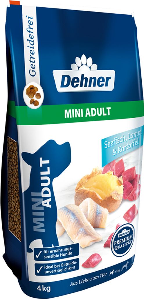 Dehner Premium Hundefutter, Trockenfutter getreidefrei, für ausgewachsene Hunde kleiner Rassen, Fisch / Lamm / Kartoffel, 4 kg