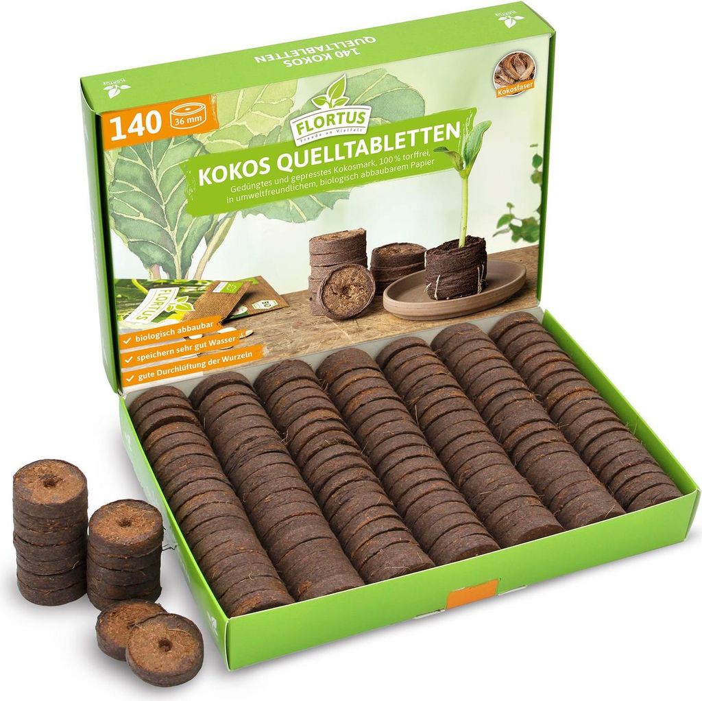 36 mm Kokos Quelltabletten | Kokos Quelltabletten von FLORTUS, Menge (Stück):140 Stück