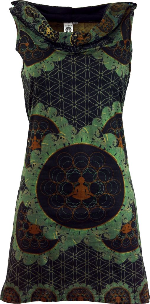 Kapuzen Buddha Mandala Minikleid, Goa Festivalkleid - Olive, Damen, Grün, Baumwolle, Größe: S/M