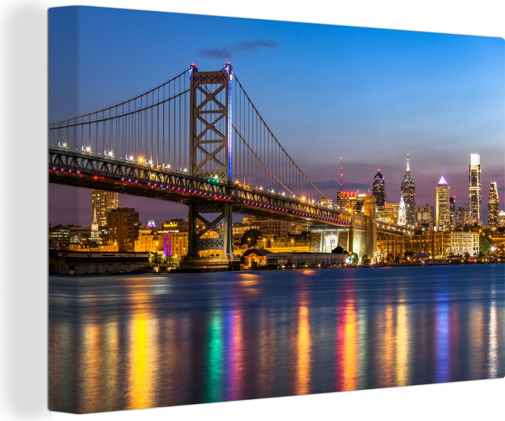 OneMillionCanvasses - Leinwandbilder - 140x90 cm, Philadelphia - Brücke - Licht, Wandbilder Kunstdruck Wanddekoration - Foto auf Leinwand - Gem...