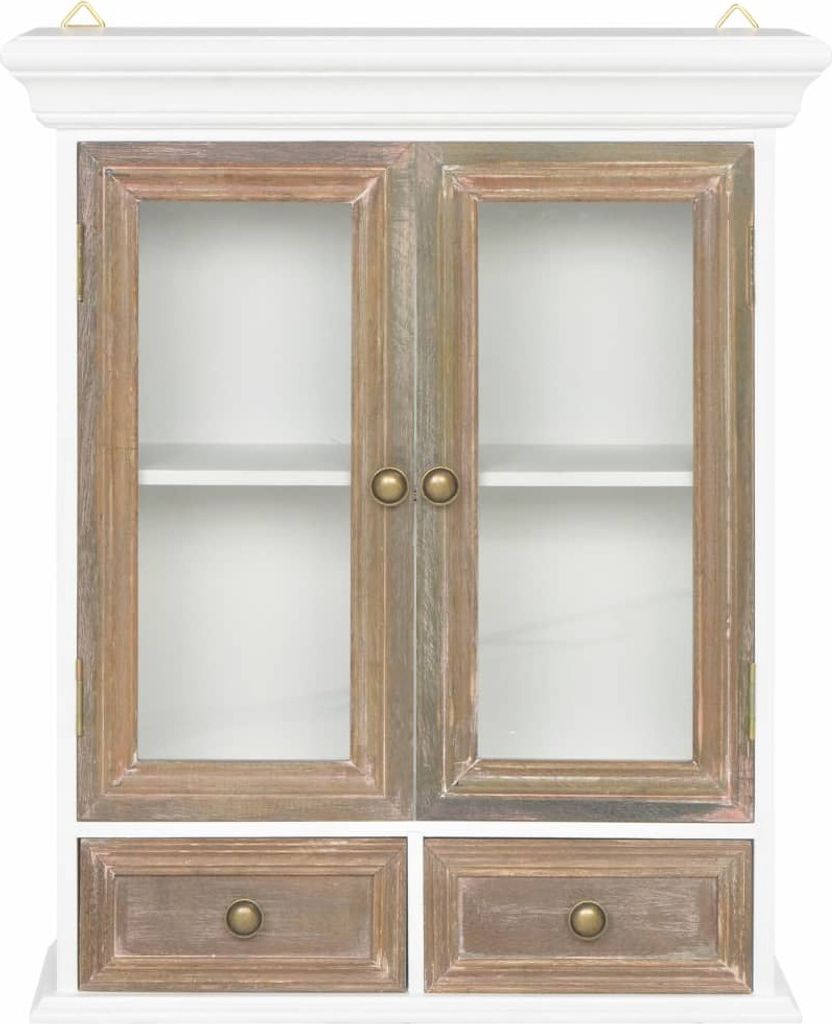 A white wall-mounted cabinet with two glass doors and two drawers, featuring a distressed wood finish on the doors and drawers.