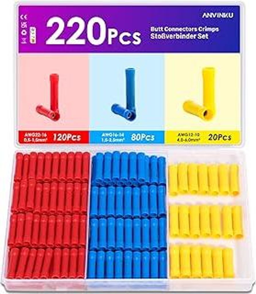Stossverbinder Set, ANVINKU 220 Stück Kabel Quetschverbinder, 0,5mm² - 6mm² Stoßverbinder Sortiment mit Box, Isoliert Kabelverbinder Set, KFZ K...