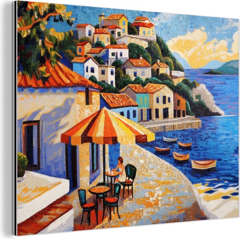 MuchoWow Wanddekoration Metall Metallbild Wandkunst 80x60 cm Küstendorf - Ferienhäuser - Mosaik - Meer MuchoWow Aluminium Gemälde - Alubild
