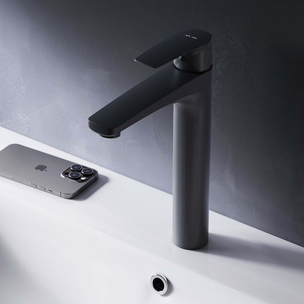 AM.PM Waschtischarmatur Hoch Schwarz Wasserhahn Bad Waschbecken Armatur Einhebelmischer Badarmatur Mischbatterie für Badezimmer Aufsatzwaschbecken