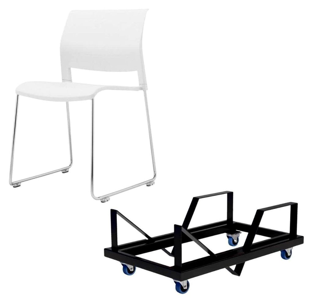 Stapelstuhl mit Kufengestell, Sitzschale in Weiß, 30er Set mit Rollwagen, Konferenzstuhl aus Kunststoff H81,5 x B49 x T56,5cm, pflegeleichter Besu...
