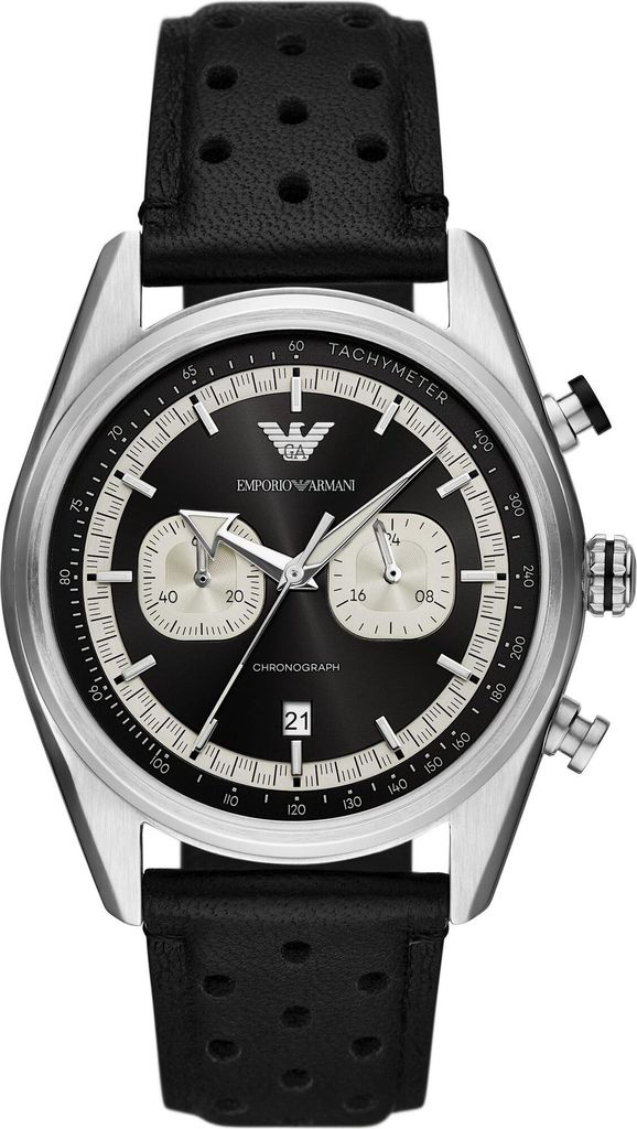 A close-up studio shot of an Emporio Armani analog watch with a black leather strap and a black dial.