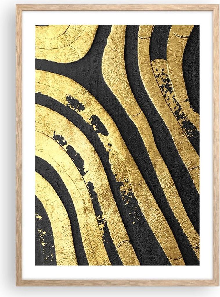Gerahmtes Poster - Rahmen in heller Eiche - Abstraktion dreidimensional Gold - 50x70 cm - Wand Bild - Wanddeko - Wandbilder - Kunstposter - Wandpos...