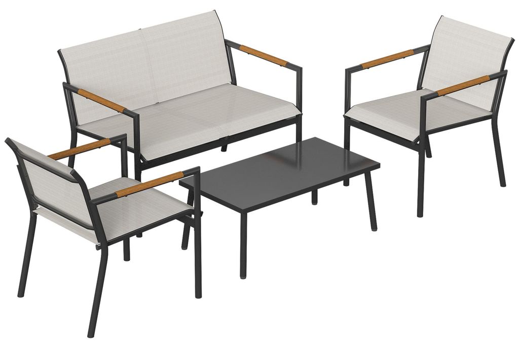 Gartenmöbel Set Sitzgruppe für 4 Personen Atmungsaktiv Gartenlounge mit 2er Sofa 2 Sessel Metall-Tisch Fußpads