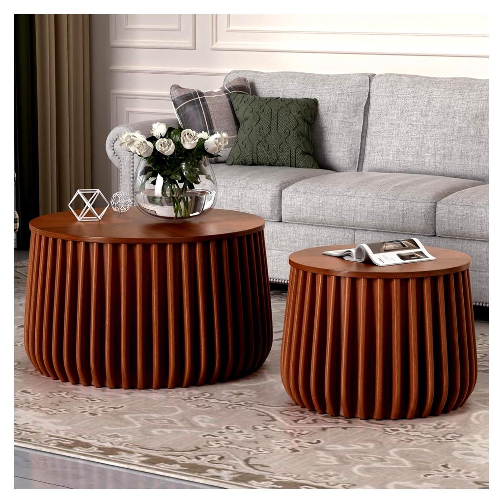 Set aus 2 runden Nest-Couchtischen mit Stauraum, runde Akzenttische aus Walnuss im Tambour-Design für kleine Räume